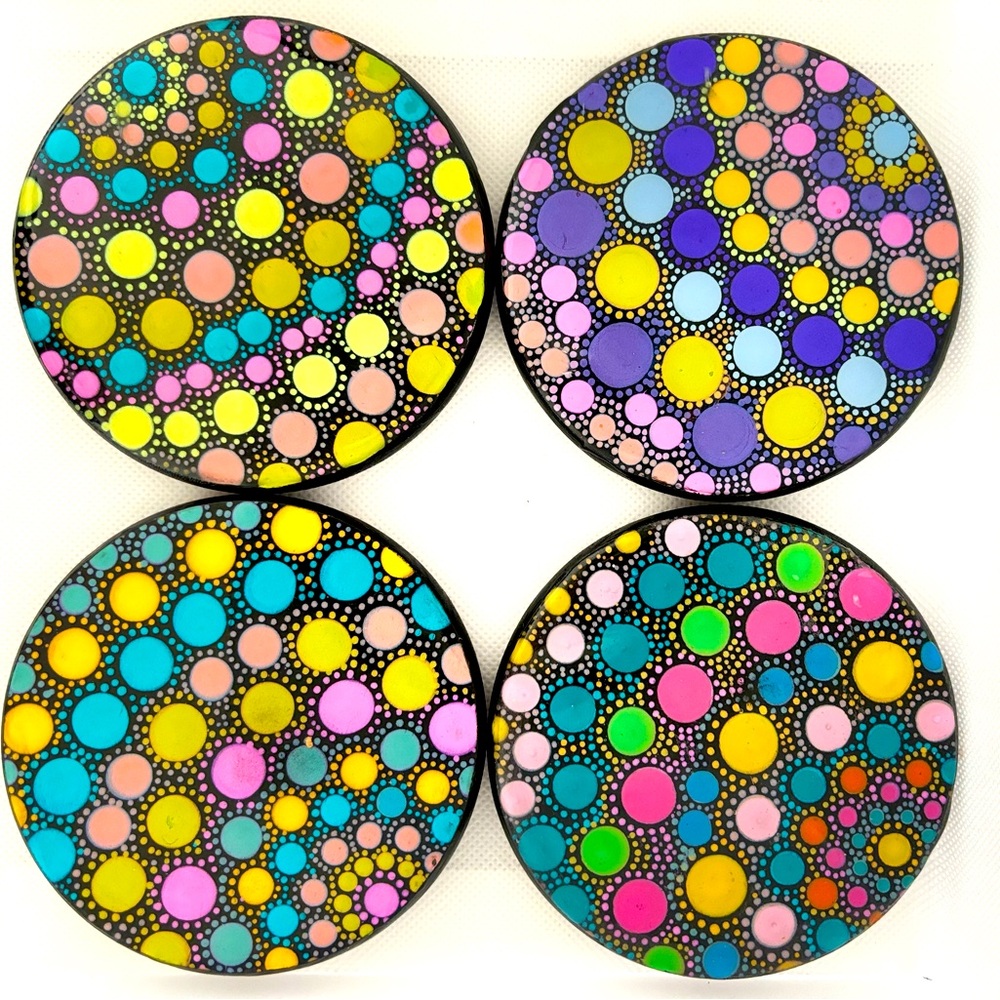Vibrant Polka Dot Coaster Set. Hand painted. Set Of 4. includes metal support.